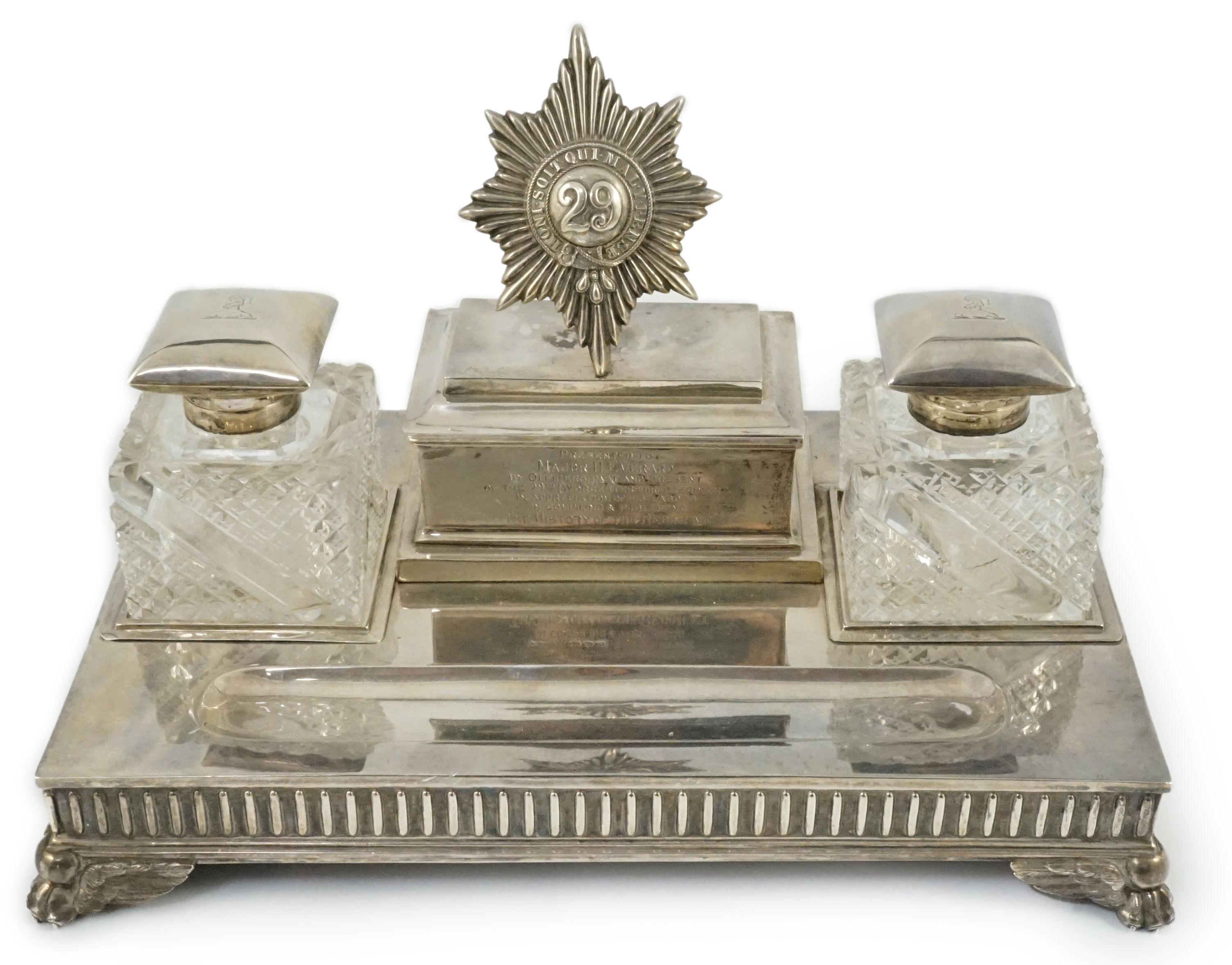 The Worcestershire Regiment. A Victorian Regimental presentation silver inkstand, John Newton Mappin, London, 1892